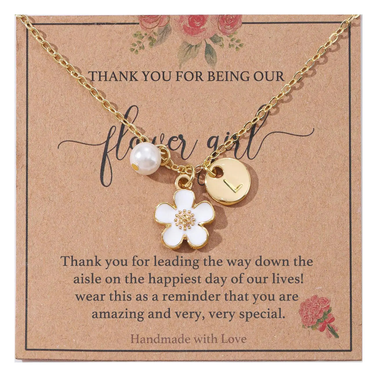 Initial Flower Girl GiftFlower Girl Proposal Necklace from Bride14K Gold Plated Initial A Pendant Necklace On Wedding Day Thank You for Being Our Flower Girl Jewelry Gifts -Thanks (L)